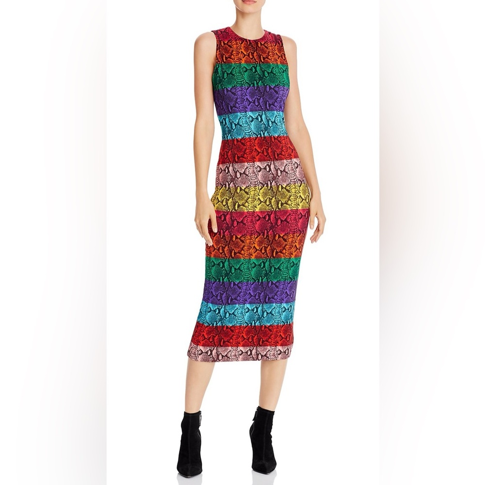 Alice + Olivia Delora Rainbow Snake Print Midi Dress
